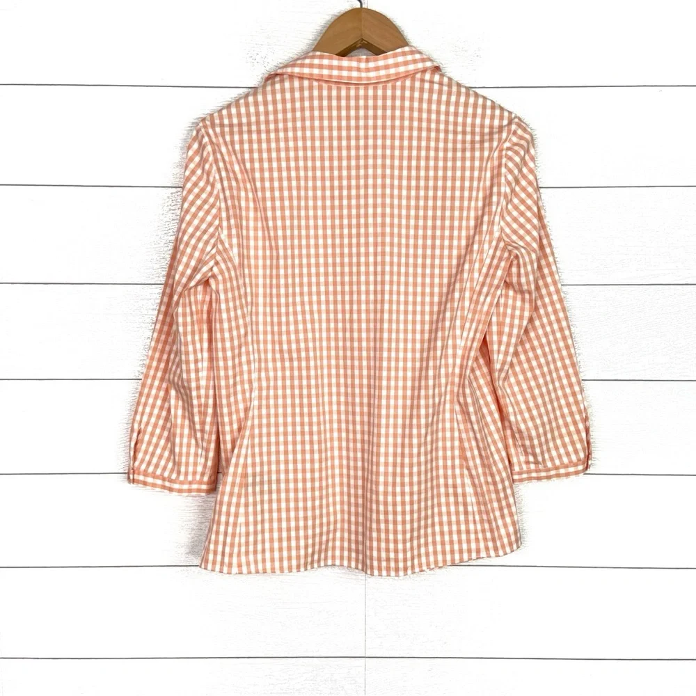 LAFAYETTE 148 New York Gingham Check Pleated Shirt Orange White 10 - Picture 2 of 4